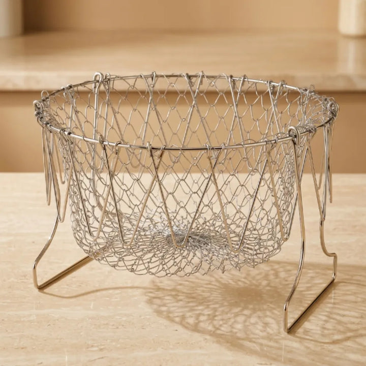 Foldable Stainless Steel Frying Basket | 2-in-1 Deep Fry, Steam & Strainer Basket | Multipurpose Mesh Cooking Basket with Handle