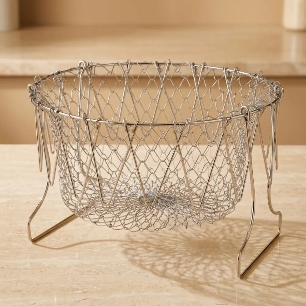 Foldable Stainless Steel Frying Basket | 2-in-1 Deep Fry, Steam & Strainer Basket | Multipurpose Mesh Cooking Basket with Handle