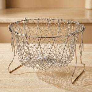 Foldable Stainless Steel Frying Basket | 2-in-1 Deep Fry, Steam & Strainer Basket | Multipurpose Mesh Cooking Basket with Handle
