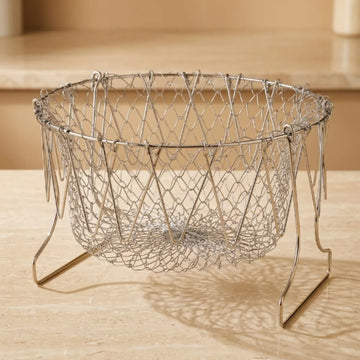 Foldable Stainless Steel Frying Basket | 2-in-1 Deep Fry, Steam & Strainer Basket | Multipurpose Mesh Cooking Basket with Handle