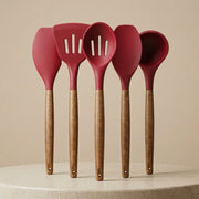 5-Piece Silicone Kitchen Utensil Set with Wooden Handles | Non-Stick Cooking Spatulas, Turner, Serving Spoon & Soup Ladle, Heat Resistant Kitchen Tools