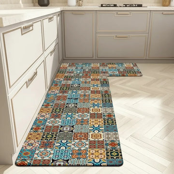 2-Piece Colorful Moroccan Mosaic Kitchen Mat Set | Boho Tile Patchwork Non-Slip Anti-Fatigue Washable Runner Rugs for Kitchen & Hallway