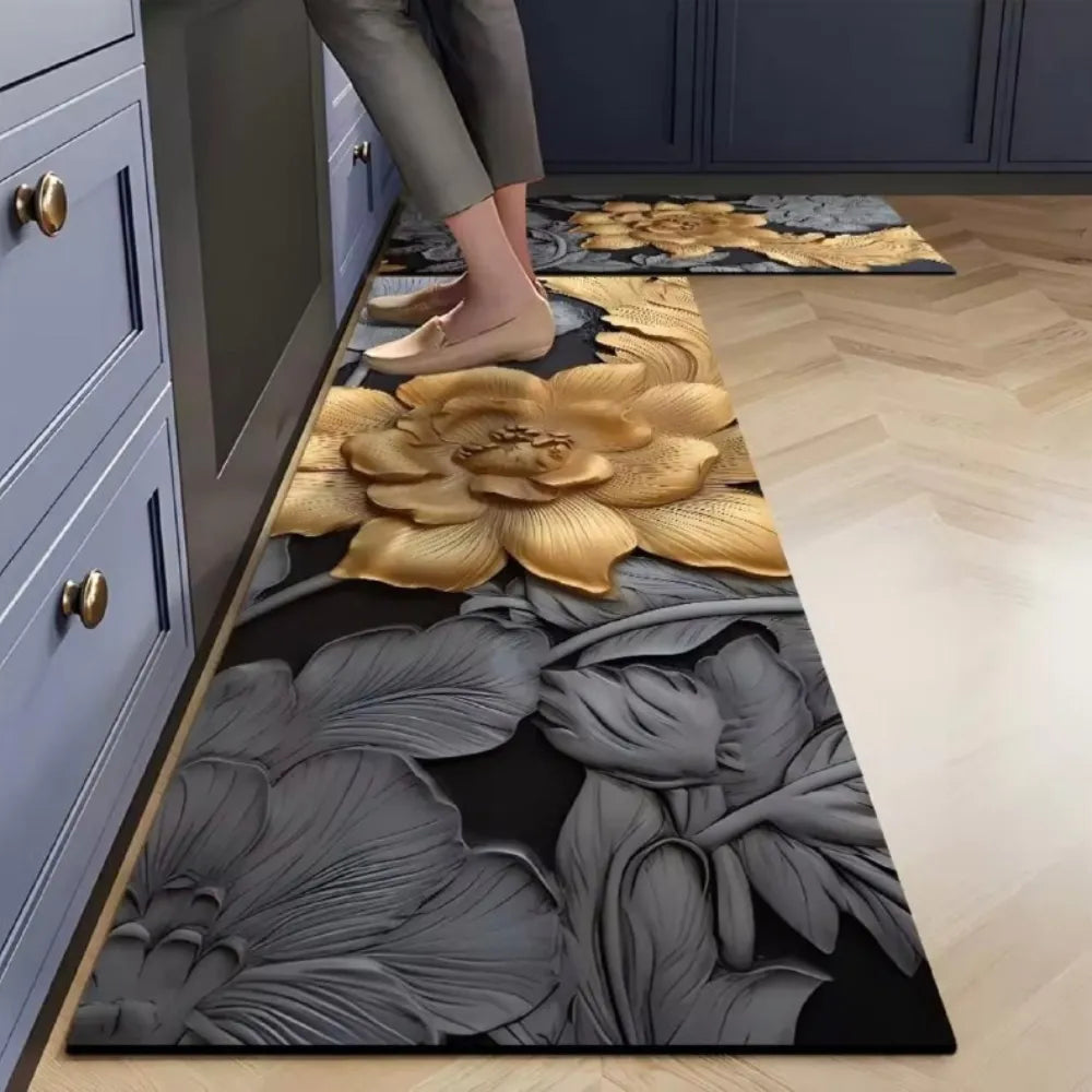 2-Piece 3D Black & Gold Floral Kitchen Mat Set – Luxury Non-Slip Anti-Fatigue Washable Runner Rugs for Kitchen & Hallway