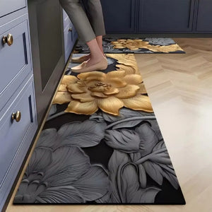 2-Piece 3D Black & Gold Floral Kitchen Mat Set – Luxury Non-Slip Anti-Fatigue Washable Runner Rugs for Kitchen & Hallway