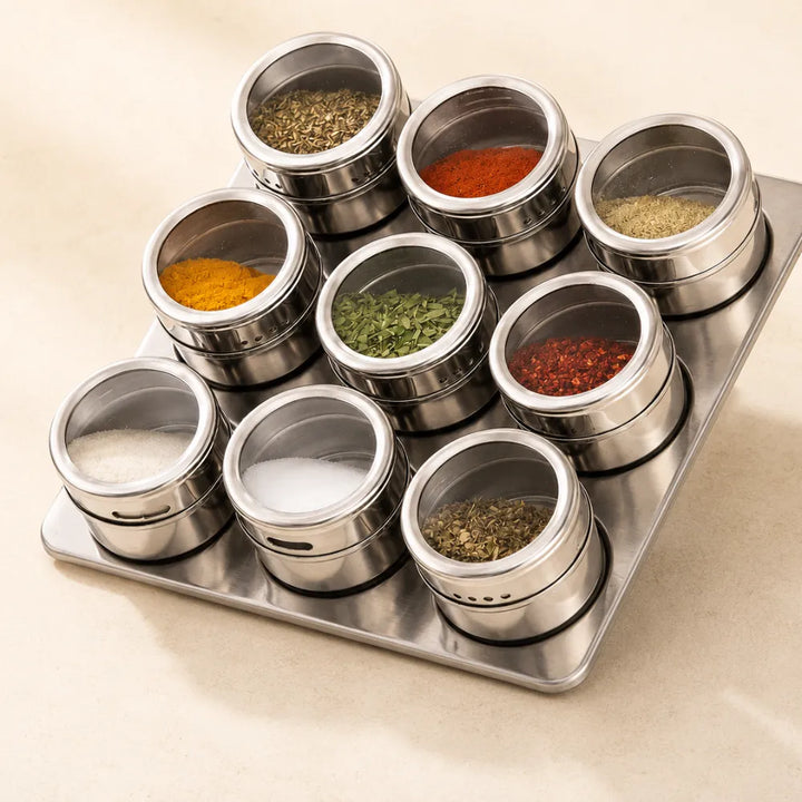 9PCS Stainless Steel Magnetic Spice Jar Set with Rack | Masala Storage Containers for Salt, Pepper & Seasonings