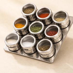 9PCS Stainless Steel Magnetic Spice Jar Set with Rack | Masala Storage Containers for Salt, Pepper & Seasonings
