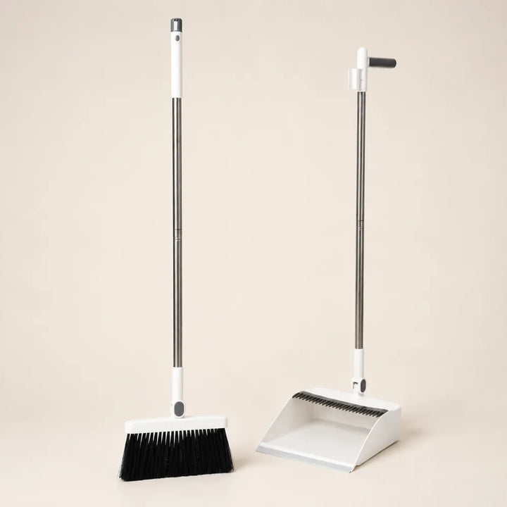 Long Handle Broom & Dustpan Combo Set | Upright Standing Sweep Set with Self-Cleaning Scraper | Home, Office & Floor Cleaning