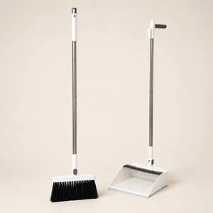 Long Handle Broom & Dustpan Combo Set | Upright Standing Sweep Set with Self-Cleaning Scraper | Home, Office & Floor Cleaning