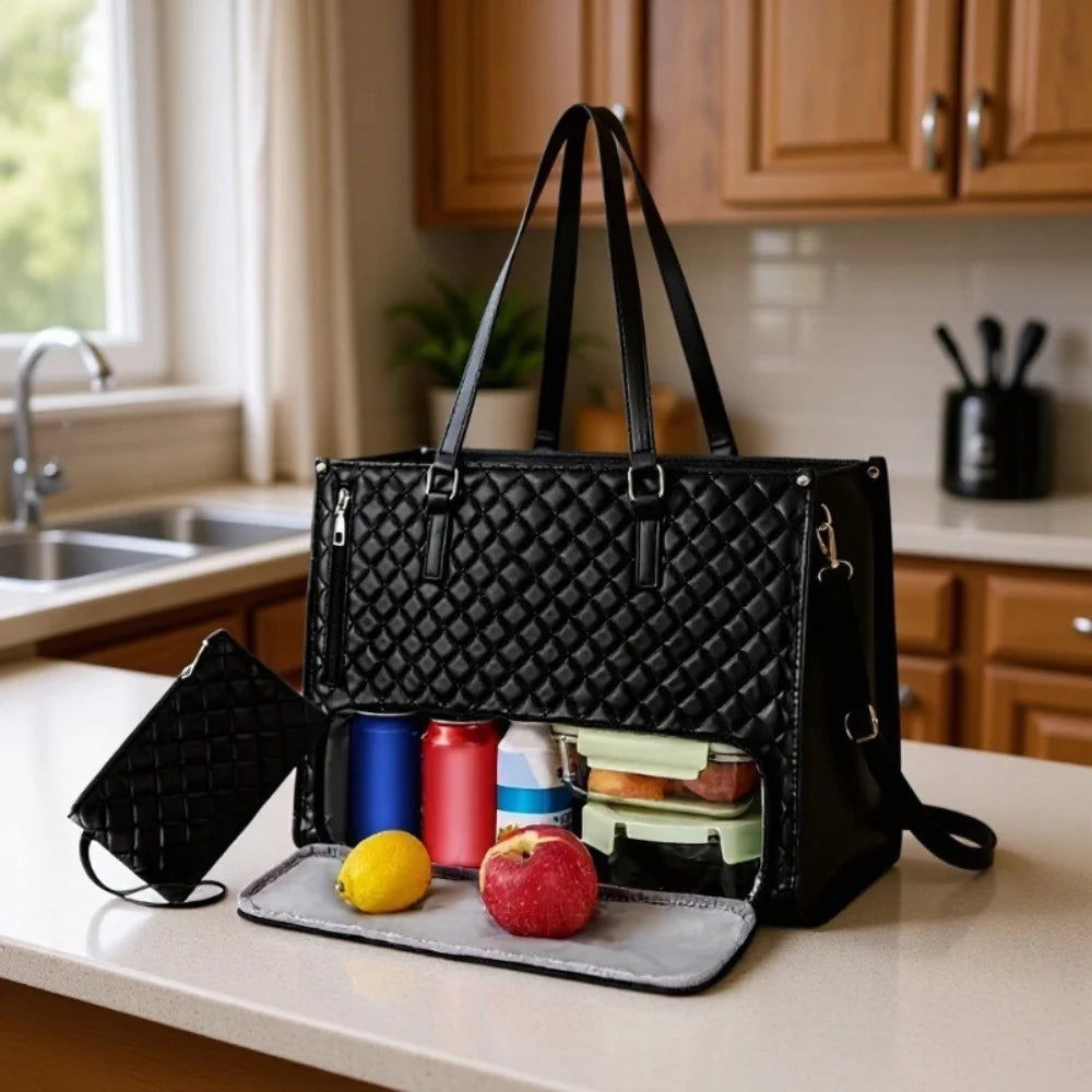 Elegant Laptop Tote Bag with Insulated Lunch Compartment | Stylish Quilted Work Shoulder Bag for Women, Office & Travel