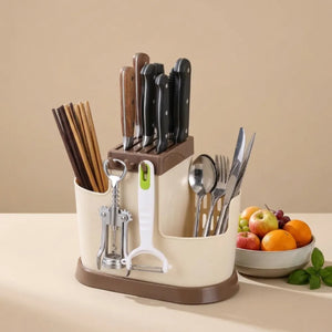 Multi-Functional Plastic Cutlery Holder with Drain Tray | Spoon, Knife, Chopsticks & Utensil Organizer Stand for Kitchen Counter