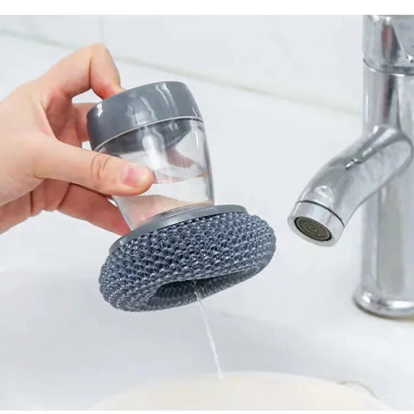 Kitchen Dish Cleaning Brush with Liquid Dispenser | Wire Ball Pot Washing Brush