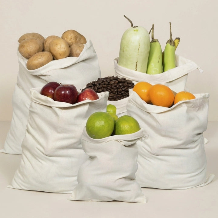6 PCS Cotton Muslin Storage Bags – Reusable Drawstring Fruit & Vegetable Bags