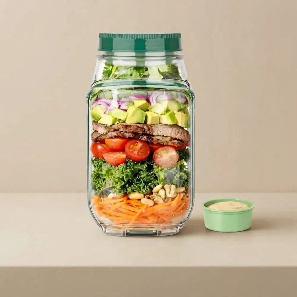 Leakproof Salad Jar with Side Opening Lid | BPA-Free Portable Salad Container with Dressing Cup
