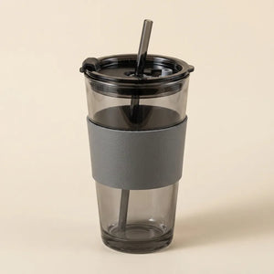 Glass Coffee Sipper Mug with Leather Grip | Reusable Clear Tumbler with Lid & Straw | Iced Coffee, Tea, Smoothie & Juice Cup