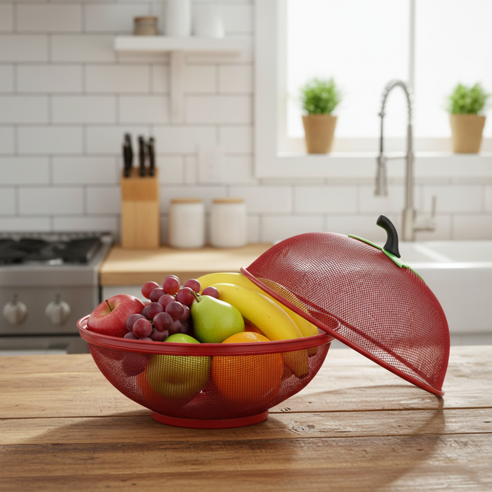 Apple Shape Fruit Basket with Lid Net Cover | Large Stainless Steel Food Storage Basket for Fruits & Vegetables, Protective Mesh Cover for Kitchen & Dining