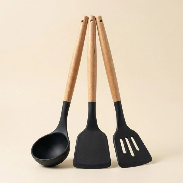 3-Piece Silicone Kitchen Utensil Set with Wooden Handles | Non-Stick Cooking Spatula, Turner & Soup Ladle, Heat Resistant Kitchen Tools