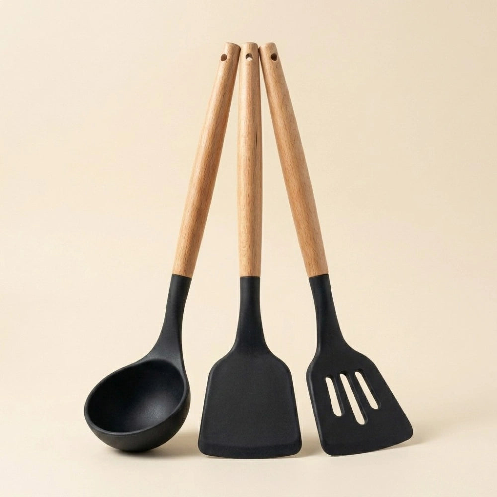 3-Piece Silicone Kitchen Utensil Set with Wooden Handles | Non-Stick Cooking Spatula, Turner & Soup Ladle, Heat Resistant Kitchen Tools