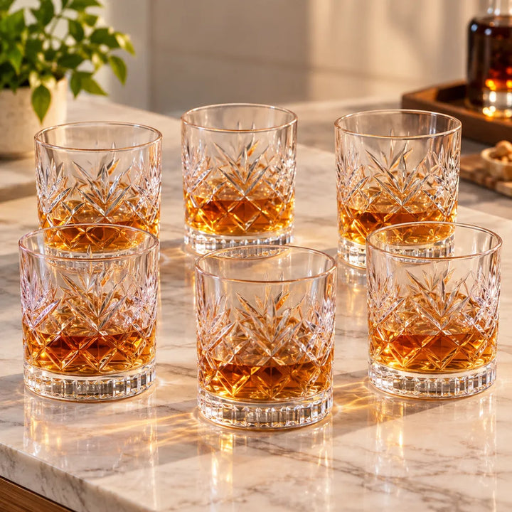 DELLUOGA Set of 6 Prism Cut Whiskey Glasses 205ml | Thick-Walled Wide Mouth Rocks Glasses for Whiskey, Scotch, Bourbon, Cocktails & juices