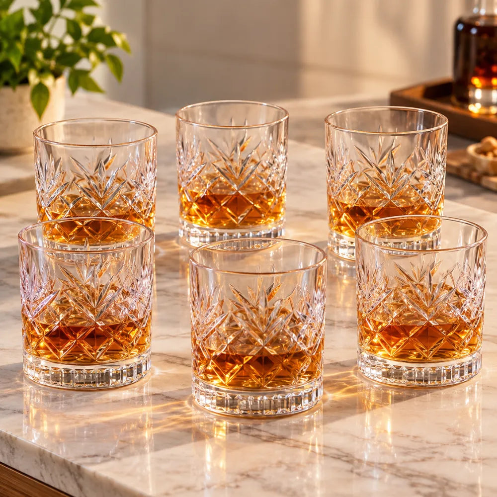 DELLUOGA Set of 6 Prism Cut Whiskey Glasses 205ml | Thick-Walled Wide Mouth Rocks Glasses for Whiskey, Scotch, Bourbon, Cocktails & juices
