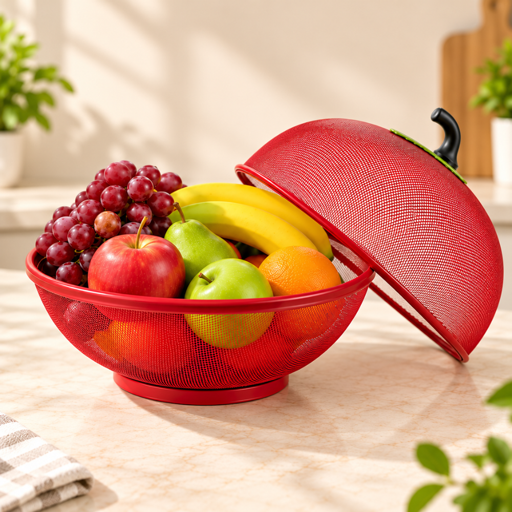 Apple Shape Fruit Basket with Lid Net Cover | Large Stainless Steel Food Storage Basket for Fruits & Vegetables, Protective Mesh Cover for Kitchen & Dining