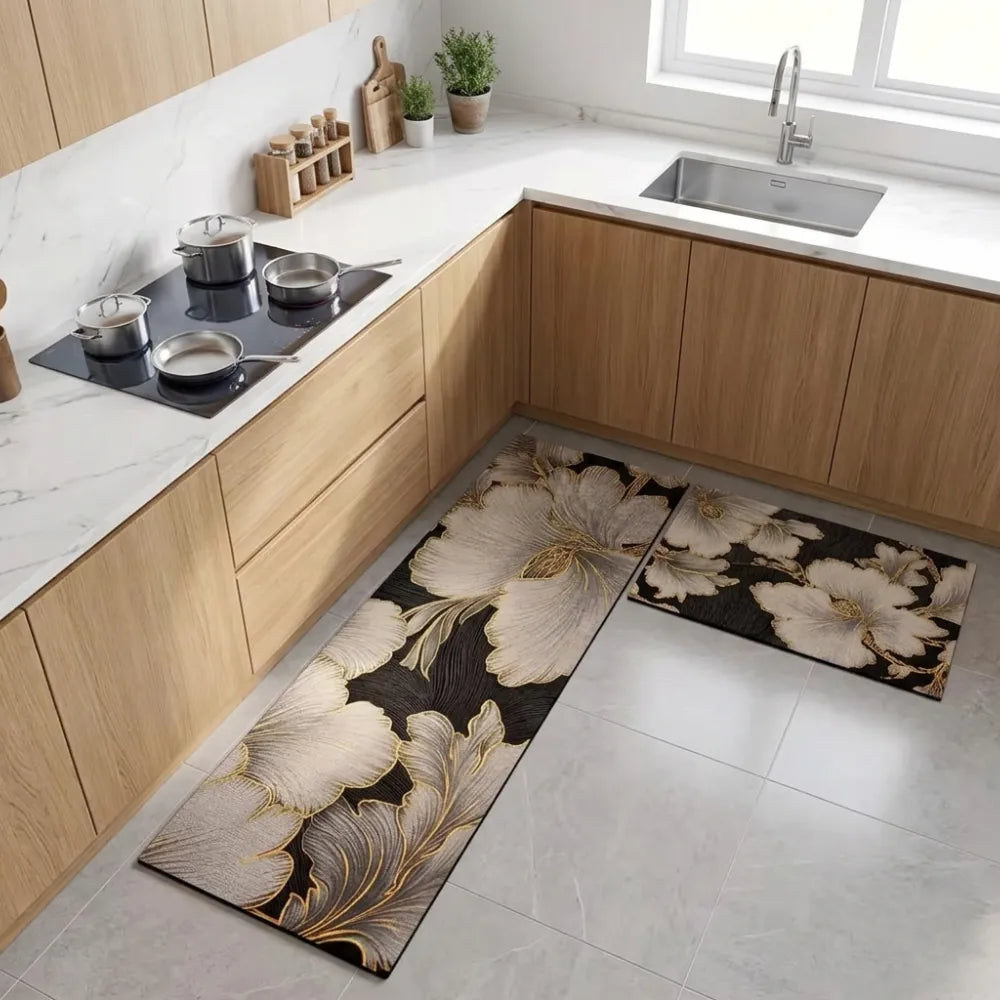 2-Piece Luxury Gold Floral Kitchen Mat Set | Non-Slip Waterproof Anti-Fatigue Cushioned Runner Rugs for Kitchen & Floor