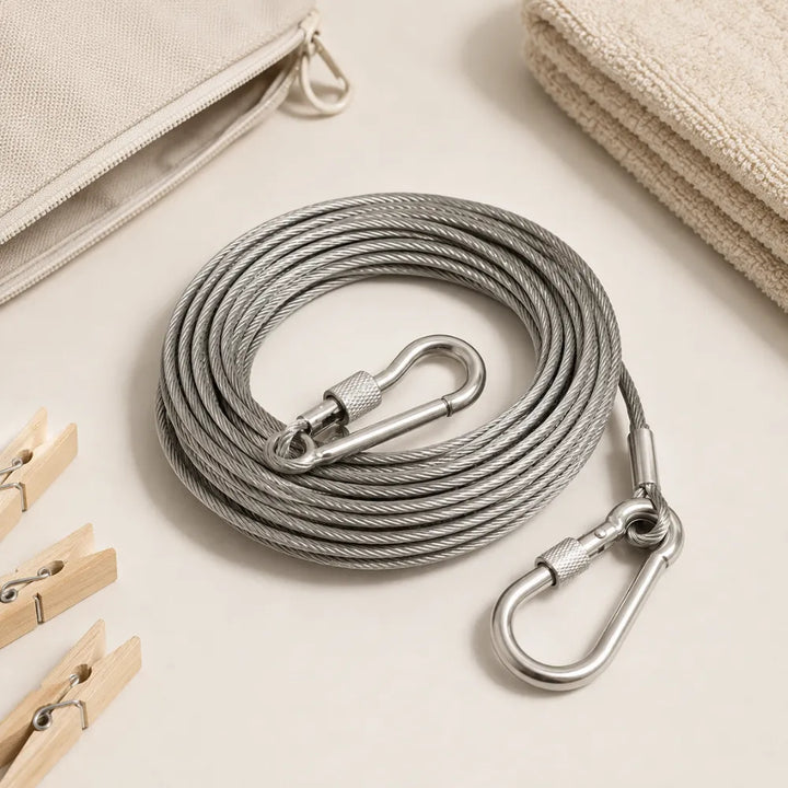 5Meters Steel Wire Clothesline with Carabiner Clips | Heavy Duty Adjustable Laundry Drying Rope | Portable Clothesline for Balcony, Bathroom, Travel & Camping