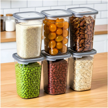 Airtight Kitchen Storage Containers | 1200ml Stackable Transparent Plastic Jars for Rice, Dal, Pulses & Dry Fruits with Grey Lid