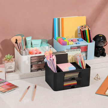 Multi-Functional Desk Organiser with 2 Drawers | Large Capacity Desktop Pen, Pencil & Stationery Storage Holder