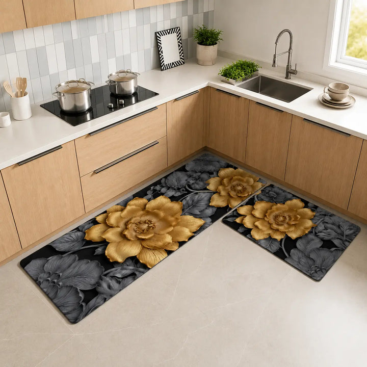 2-Piece 3D Black & Gold Floral Kitchen Mat Set – Luxury Non-Slip Anti-Fatigue Washable Runner Rugs for Kitchen & Hallway
