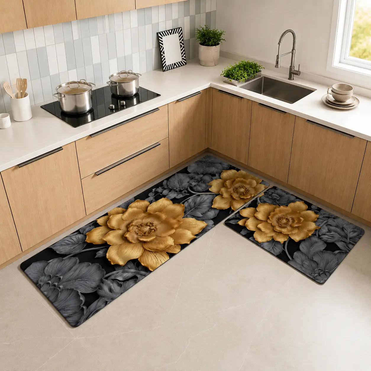 2-Piece 3D Black & Gold Floral Kitchen Mat Set – Luxury Non-Slip Anti-Fatigue Washable Runner Rugs for Kitchen & Hallway