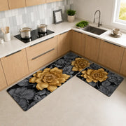 2-Piece 3D Black & Gold Floral Kitchen Mat Set – Luxury Non-Slip Anti-Fatigue Washable Runner Rugs for Kitchen & Hallway