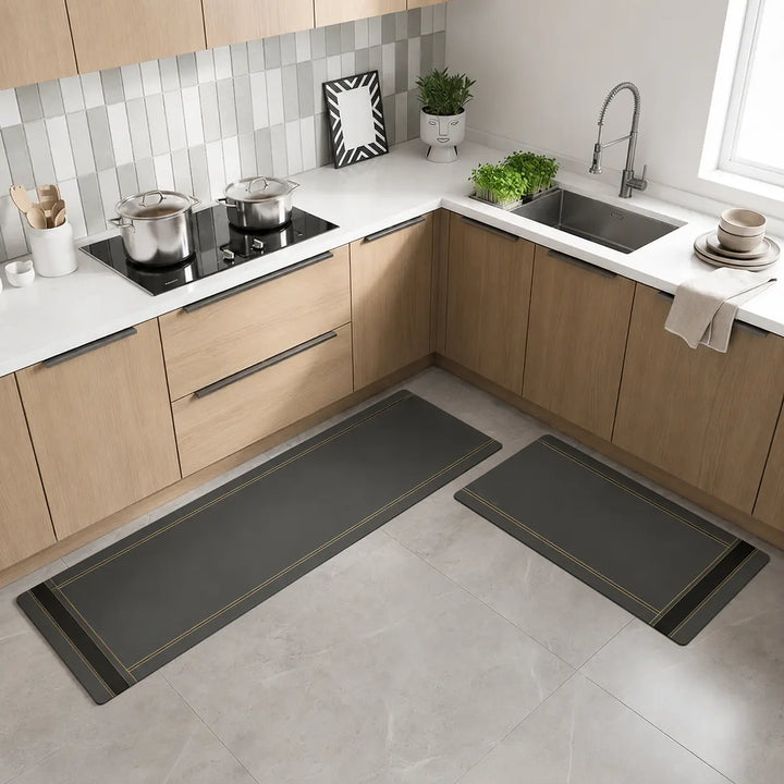 2-Piece Black & Gold Line Kitchen Mat Set | Luxury Non-Slip Waterproof Anti-Fatigue Runner Rugs for Kitchen & Office