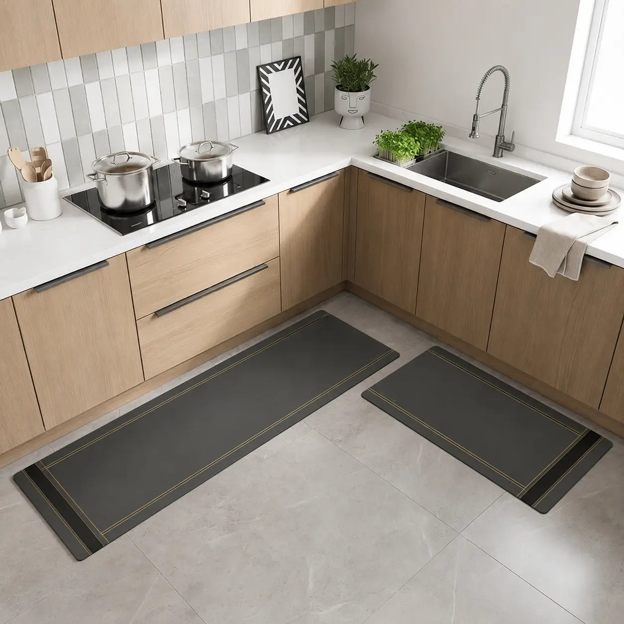 2-Piece Black & Gold Line Kitchen Mat Set | Luxury Non-Slip Waterproof Anti-Fatigue Runner Rugs for Kitchen & Office