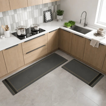 2-Piece Black & Gold Line Kitchen Mat Set | Luxury Non-Slip Waterproof Anti-Fatigue Runner Rugs for Kitchen & Office
