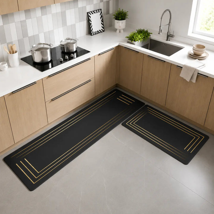 2-Piece Black & Gold Line Kitchen Mat Set | Elegant Non-Slip Oil-Proof Absorbent Anti-Fatigue Runner Rugs for Kitchen & Floor
