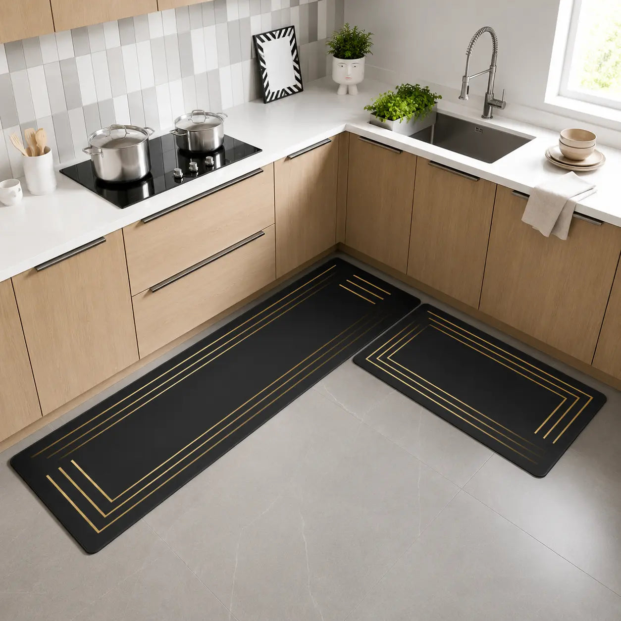 2-Piece Black & Gold Line Kitchen Mat Set | Elegant Non-Slip Oil-Proof Absorbent Anti-Fatigue Runner Rugs for Kitchen & Floor