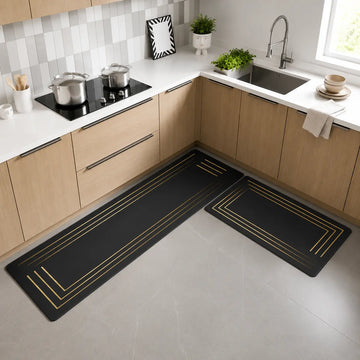 2-Piece Black & Gold Line Kitchen Mat Set | Elegant Non-Slip Oil-Proof Absorbent Anti-Fatigue Runner Rugs for Kitchen & Floor