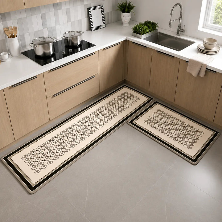 2-Piece Black & White Geometric Kitchen Mat Set | Non-Slip Anti-Fatigue Washable Runner Rugs with Elegant Tile Pattern for Kitchen & Hallway