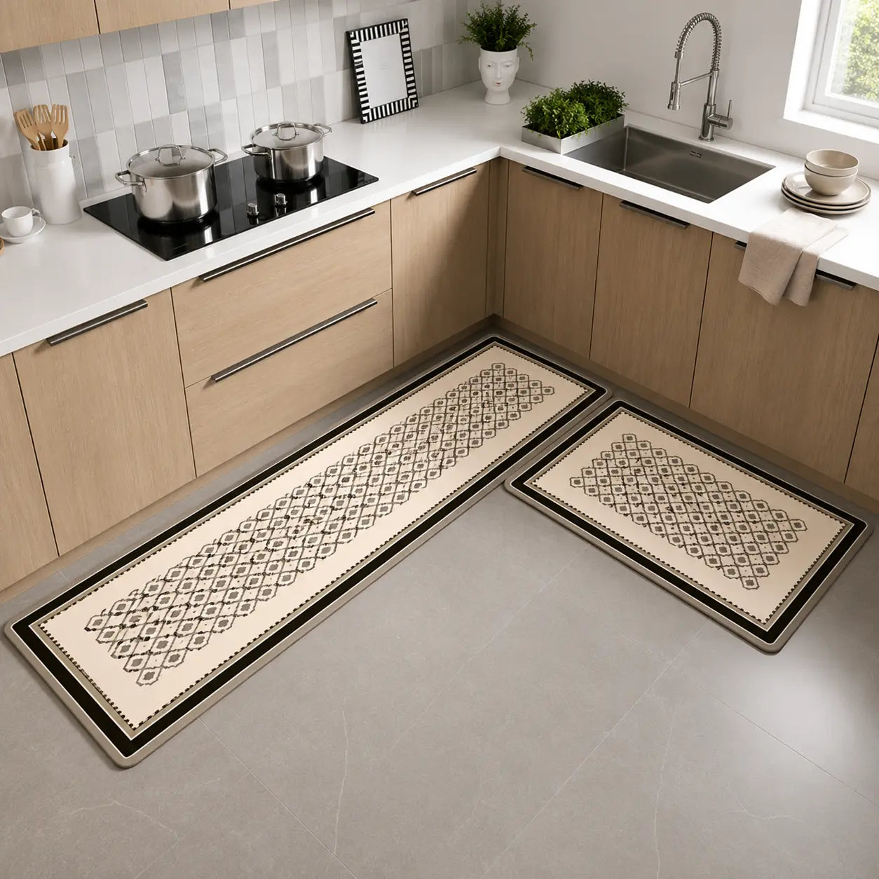 2-Piece Black & White Geometric Kitchen Mat Set | Non-Slip Anti-Fatigue Washable Runner Rugs with Elegant Tile Pattern for Kitchen & Hallway