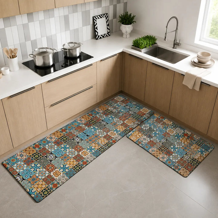 2-Piece Colorful Moroccan Mosaic Kitchen Mat Set | Boho Tile Patchwork Non-Slip Anti-Fatigue Washable Runner Rugs for Kitchen & Hallway