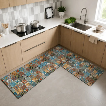 2-Piece Colorful Moroccan Mosaic Kitchen Mat Set | Boho Tile Patchwork Non-Slip Anti-Fatigue Washable Runner Rugs for Kitchen & Hallway