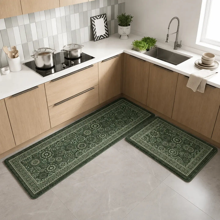 2-Piece Emerald Green Mandala Kitchen Mat Set | Vintage Floral Medallion Non-Slip Anti-Fatigue Washable Runner Rugs for Kitchen & Hallway