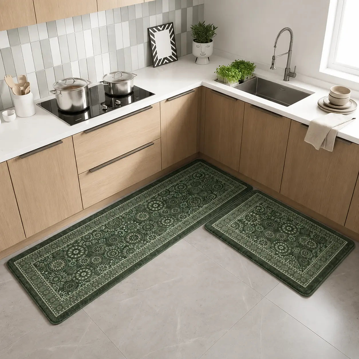 2-Piece Emerald Green Mandala Kitchen Mat Set | Vintage Floral Medallion Non-Slip Anti-Fatigue Washable Runner Rugs for Kitchen & Hallway