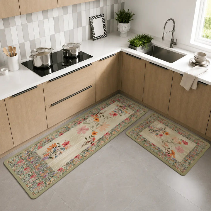 2-Piece Floral Kitchen Mat Set | Decorative Non-Slip Cushioned Anti-Fatigue Rugs for Kitchen, Sink & Office Floor