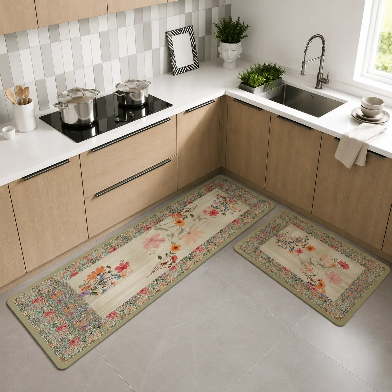 2-Piece Floral Kitchen Mat Set | Decorative Non-Slip Cushioned Anti-Fatigue Rugs for Kitchen, Sink & Office Floor