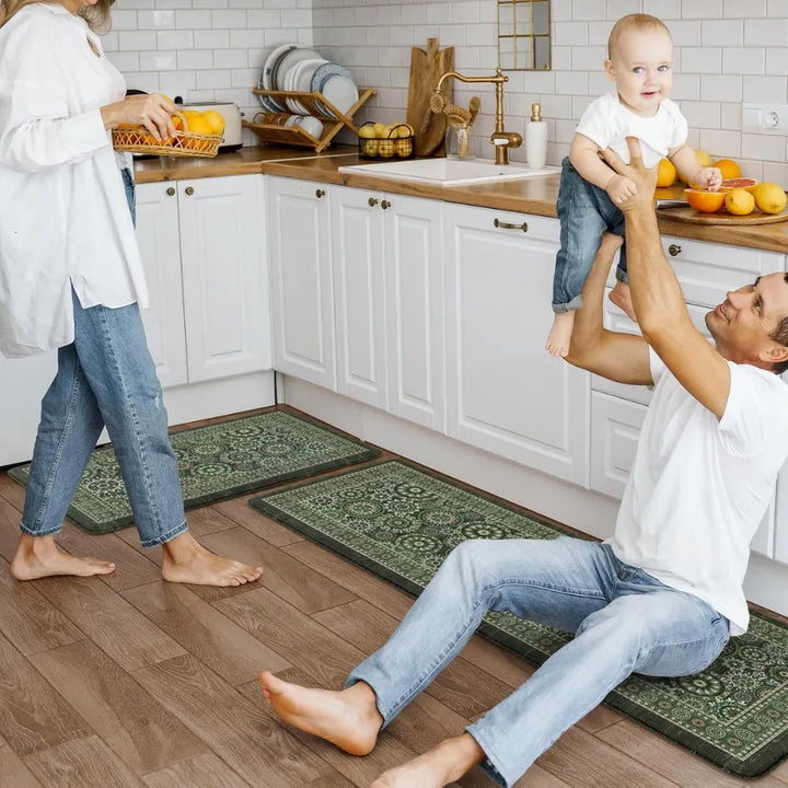 2-Piece Emerald Green Mandala Kitchen Mat Set | Vintage Floral Medallion Non-Slip Anti-Fatigue Washable Runner Rugs for Kitchen & Hallway