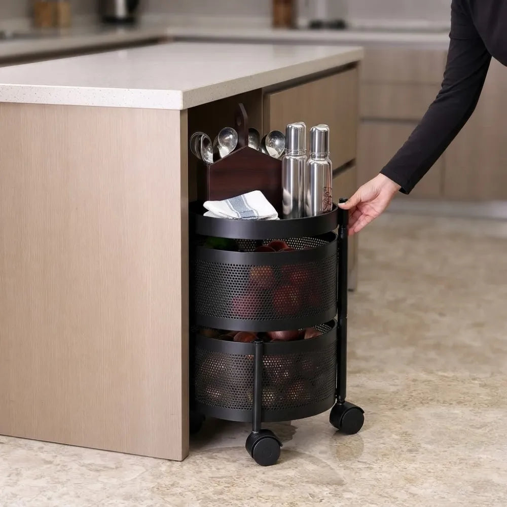 2-Layer Round Multipurpose Storage Trolley with Wheels | Rotating Organizer for Home & Office
