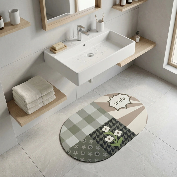 Smile” Patchwork Oval Bath Mat | Sage Green & Beige, Non‑Slip Quick‑Dry, Ultra‑Absorbent