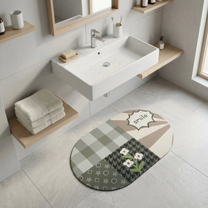 Smile” Patchwork Oval Bath Mat | Sage Green & Beige, Non‑Slip Quick‑Dry, Ultra‑Absorbent