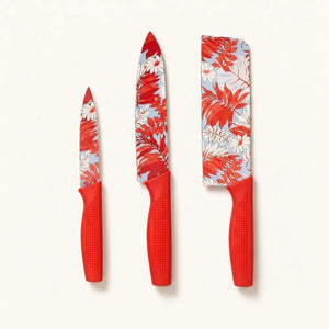 3PCS Printed Kitchen Knife Set | Stainless Steel Multipurpose Knives with Grip Handles | Floral Blade Design for Cutting & Slicing